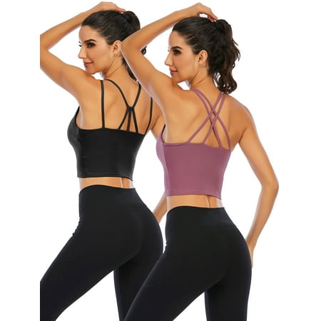 

2 Pack Women s Sport Bra Strappy Back Yoga Tops Running Workout T-Shirt Sports Underwear Inner Chest Pad Sling Tube Top Vest