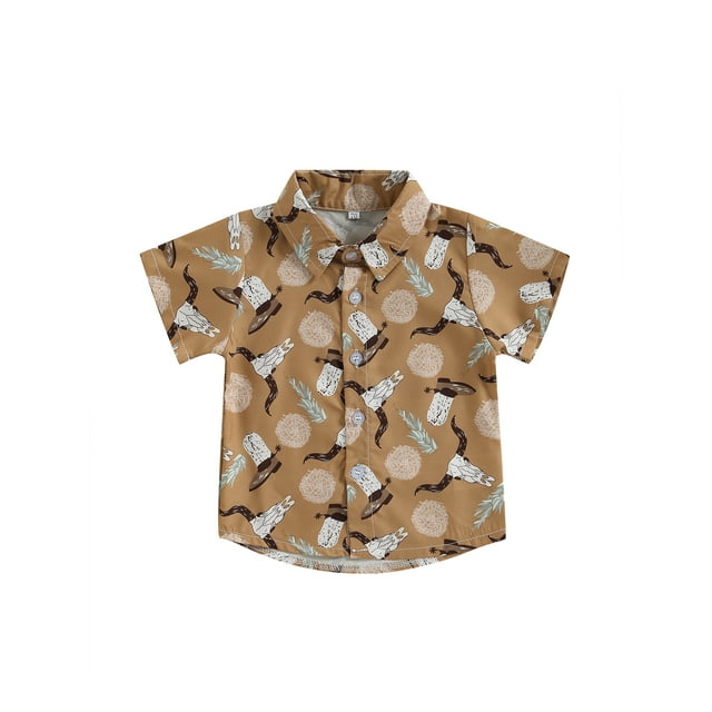 Fortune Kids Boys Shirts Cactus Cattle Print Button Short Sleeve Tops Holiday Beach Blouse