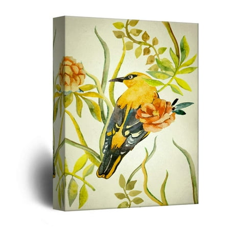 Vintage Flower Prints wall26 - Canvas Wall Art - Vintage Style Yellow Bird on Flower Branch - Giclee Print Gallery Wrap Modern Home Decor Ready to Hang - 16x24 inches ()