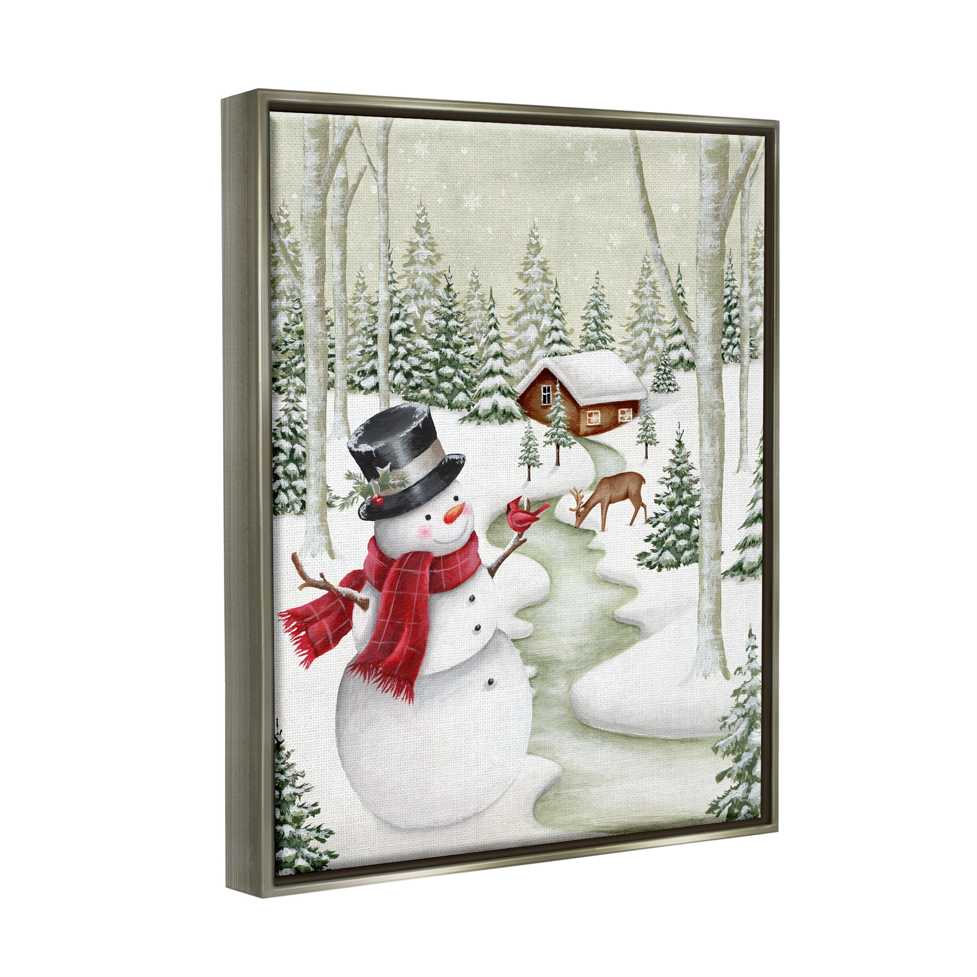 Stupell Industries Snowman on Snowy Path Holiday Painting Gray Floater Framed Canvas Art Print Wall Art, 25 x 31