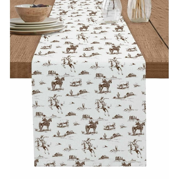 Brown Western Cowboy Burlap Cotton Table Runner 14x72 Inches Long, Farmhouse Vintage Ethnic Art Farmhouse Table Runners, Outdoor Dining Tablecloths Decor for Baby Shower/Party/Wedding