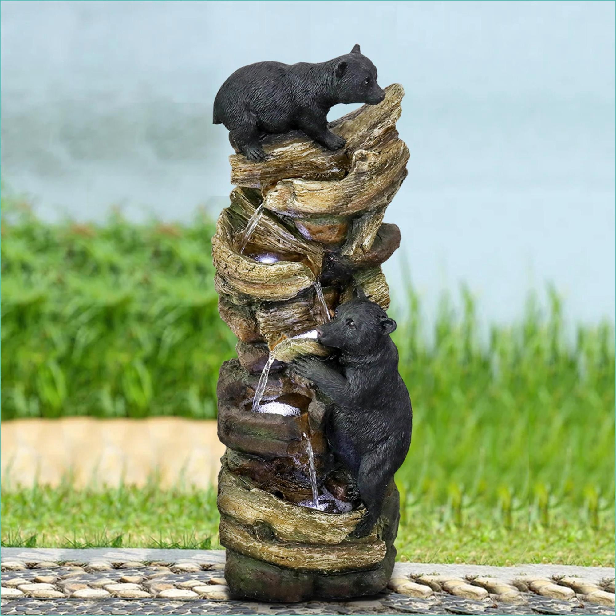 Fountains 39.3" H 5-Tier Nature Outdoor Fountain for Patio Lawn Garden, with LED Lights | Tan Brown | Resin