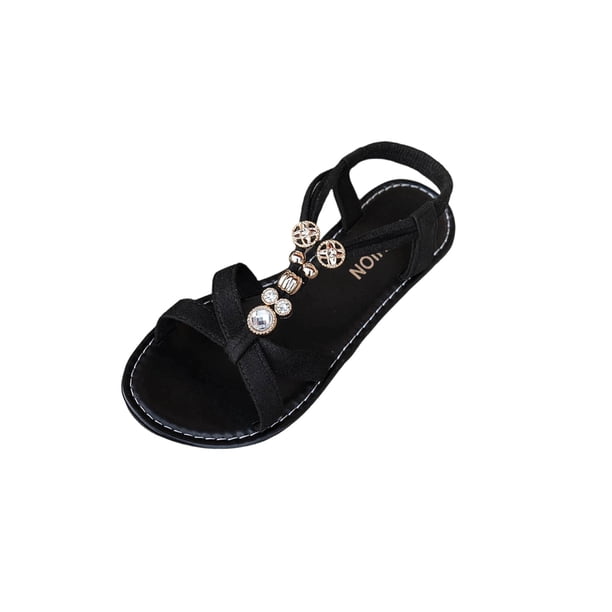 Zapatos Negros de las Mujeres de Tacón Bajo Tamaño Mayor Primavera/Verano de Moda Cómodos Elásticos con Perlas Estilo Étnico Sandalias, Zapatos Negros Tacones