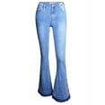 thumbnail image 1 of Womens Floral Daisy Embroidered Mid Rise Bell Bottom Flare Frayed Hem Jeans, 1 of 1