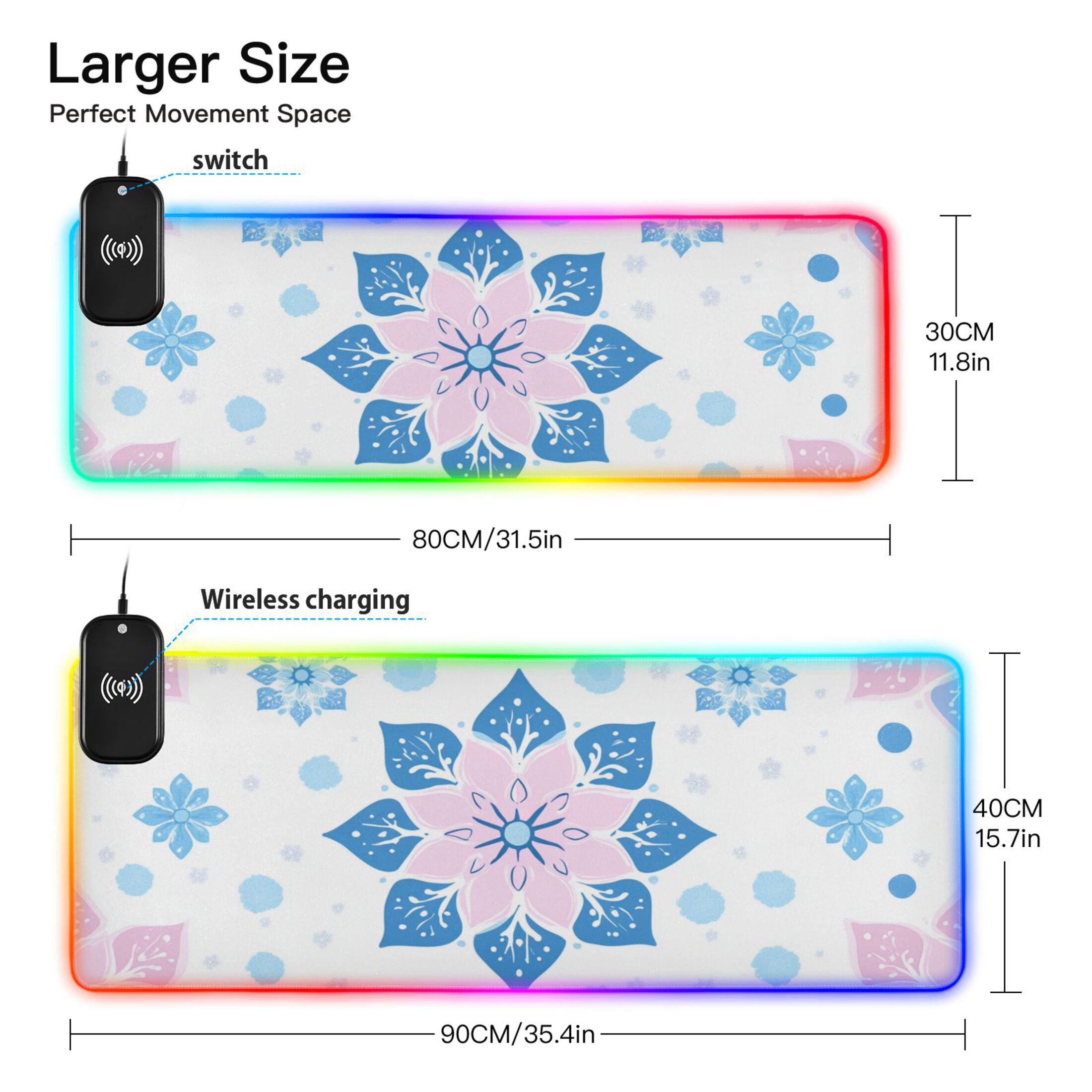 Pink Blue Floral Geometric Wireless Charging RGB Gaming Mouse Pad Large Keyboard Mat Rubber Base 13 Light Modes