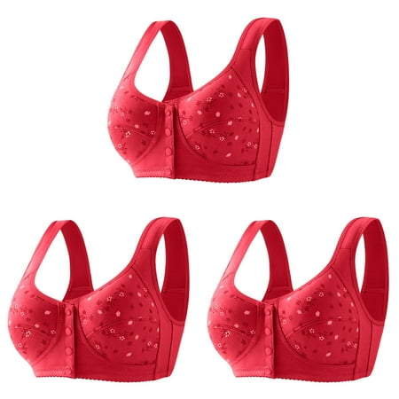Women Full Cup Print Bra Pack Thin Underwear Plus Size Sports Bra with Padding Front Button Wireless Sports Women Bras Wireless Padded Lace Bra Cover ceangrtro Red (3Packs) Red (3Packs)