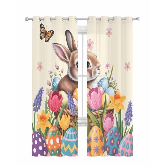 Easter Bunny Sheer Curtains 84 Inch Length 2 Panels Set for Living Room/Bedroom, Colorful Eggs Spring Tulips Flower Vintage Kitchen Curtains Grommet Semi-Sheer Curtains Window Treatments 42"x84"x2