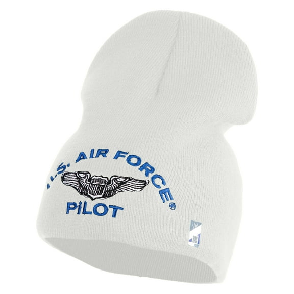 US Air Force Pilot Symbol Embroidered 8 Inch Solid Knit Short Beanie Made in USA - White OSFM