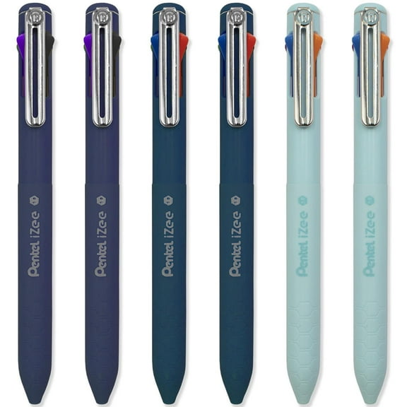 Pentel iZee 4 Colour Ballpoint Pen - Deep Blue, Deep Violet, Sky Blue Barrels - Multi Ink - Pack of 6
