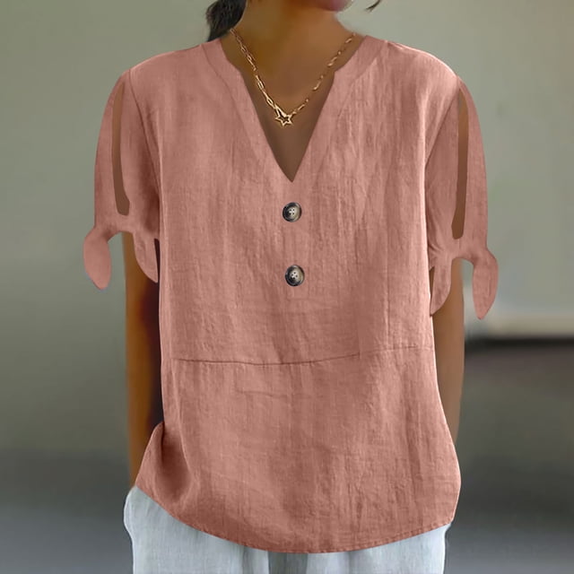mfyjkho Tops Para Salir, Camiseta Holgada De Manga Corta Con Cuello En V Y Botones Para Mujer, Estilo Informal Y Moderno. Tops Para Salir Para Mujer Xl