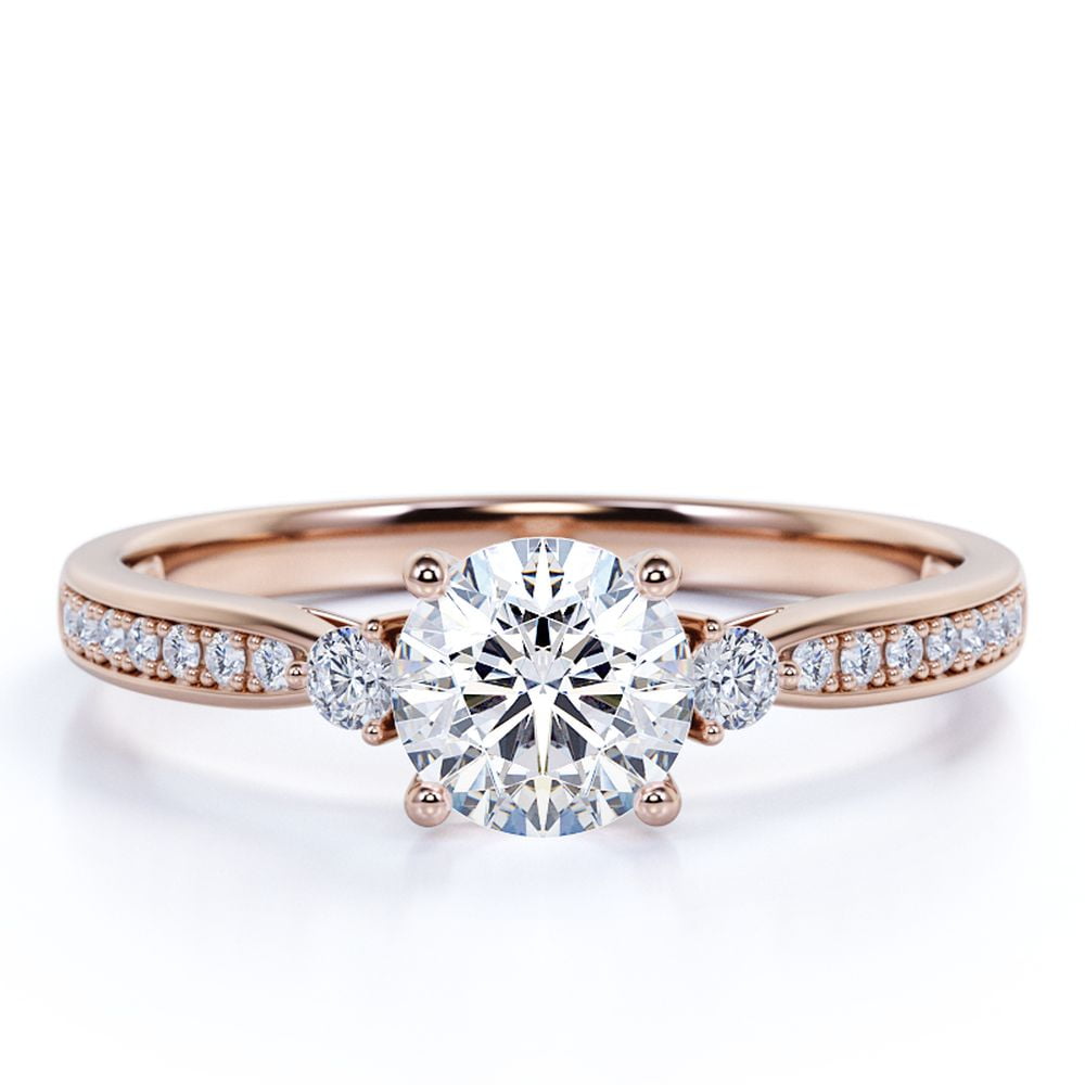 JeenMata Pave Channel - 1.5 Carat Round Brilliant Cut Moissanite - Cathedral Three Stone Engagement Ring - 18K Rose Gold Plating Over Silver
