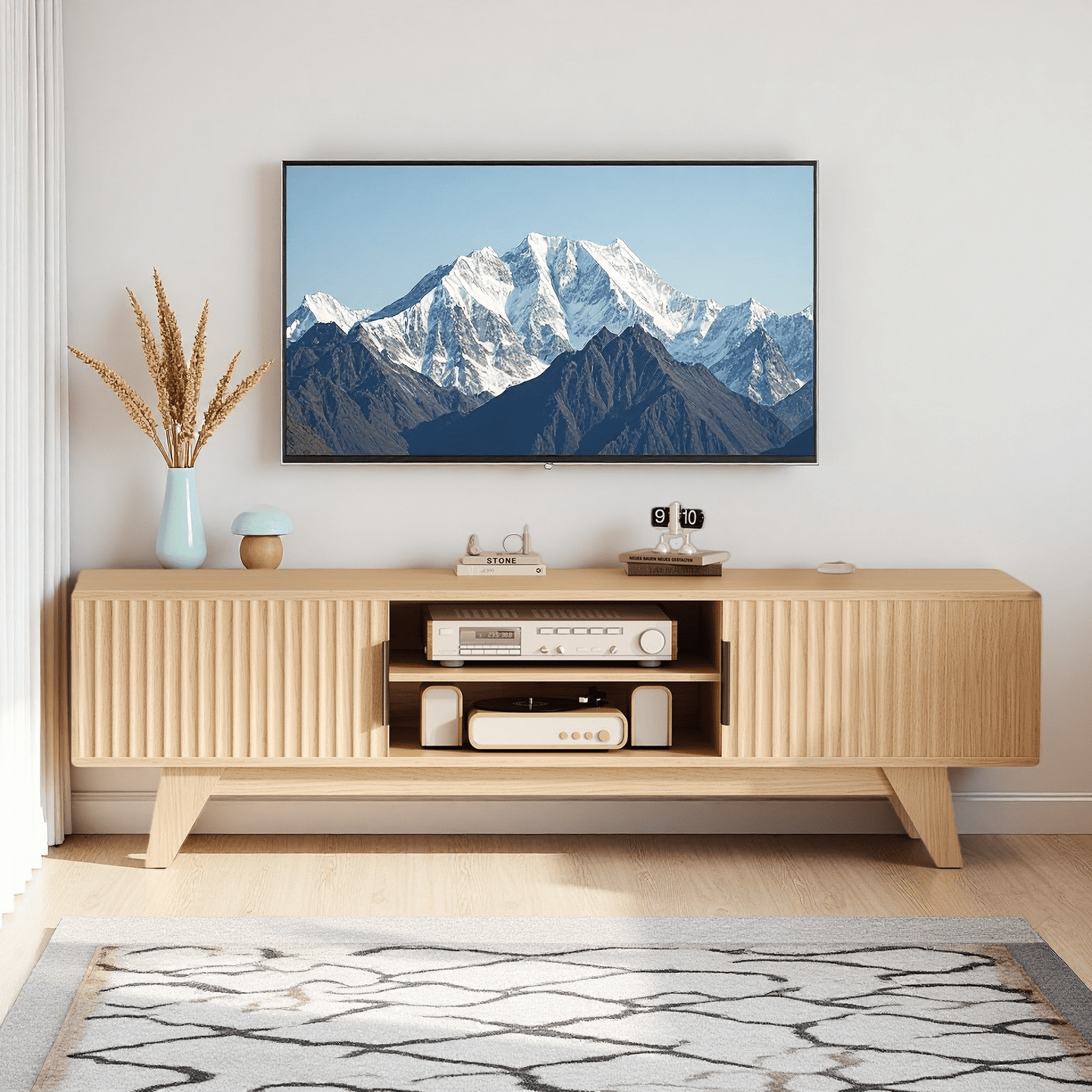 Innovar Home TV Stand for 75 inch TV - Modern TV Stand for TVs up to 75" Wood TV Stand W/ Storage & Adjustable Shelves, Low Profile TV Console Media Cabinet Entertainment Center for Living Room,Oak