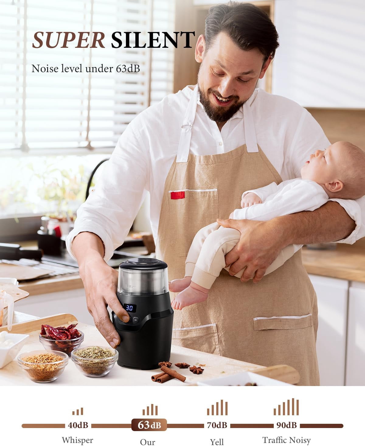 GDOR Adjustable Coffee Grinder Electric,Super Silent Electric Coffee Bean Grinder with Time-Memory Adjustment and Multi-Functional Stainless Steel Cup