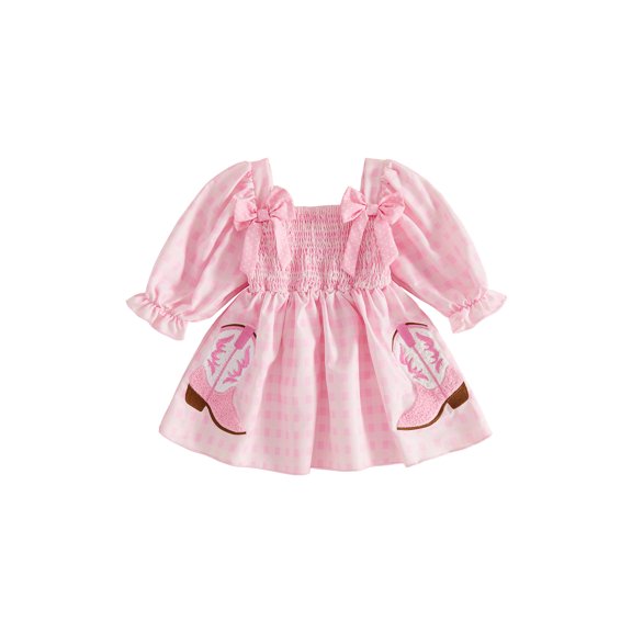 RUINIXCW Little Girl Plaid Dress Long Sleeve Square Neck A-line Dress with Bow Decor
