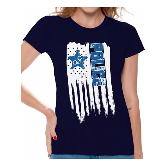 Awkward Styles American Flag Police Women Shirt USA Gifts Retro USA Police T shirt for Women 4th of July Gifts Pro America Police Women Tshirt Poud American 4th of July Police T-shirt for Women