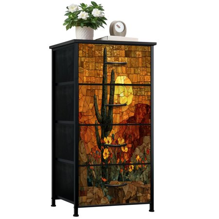 Dresser for Bedroom with 4 Storage Drawers Artistic Glass Design Sunset Ambiance Dressers Chest of Drawers Steel Framed Fabric Closet Organizers for Entryway Western Decor