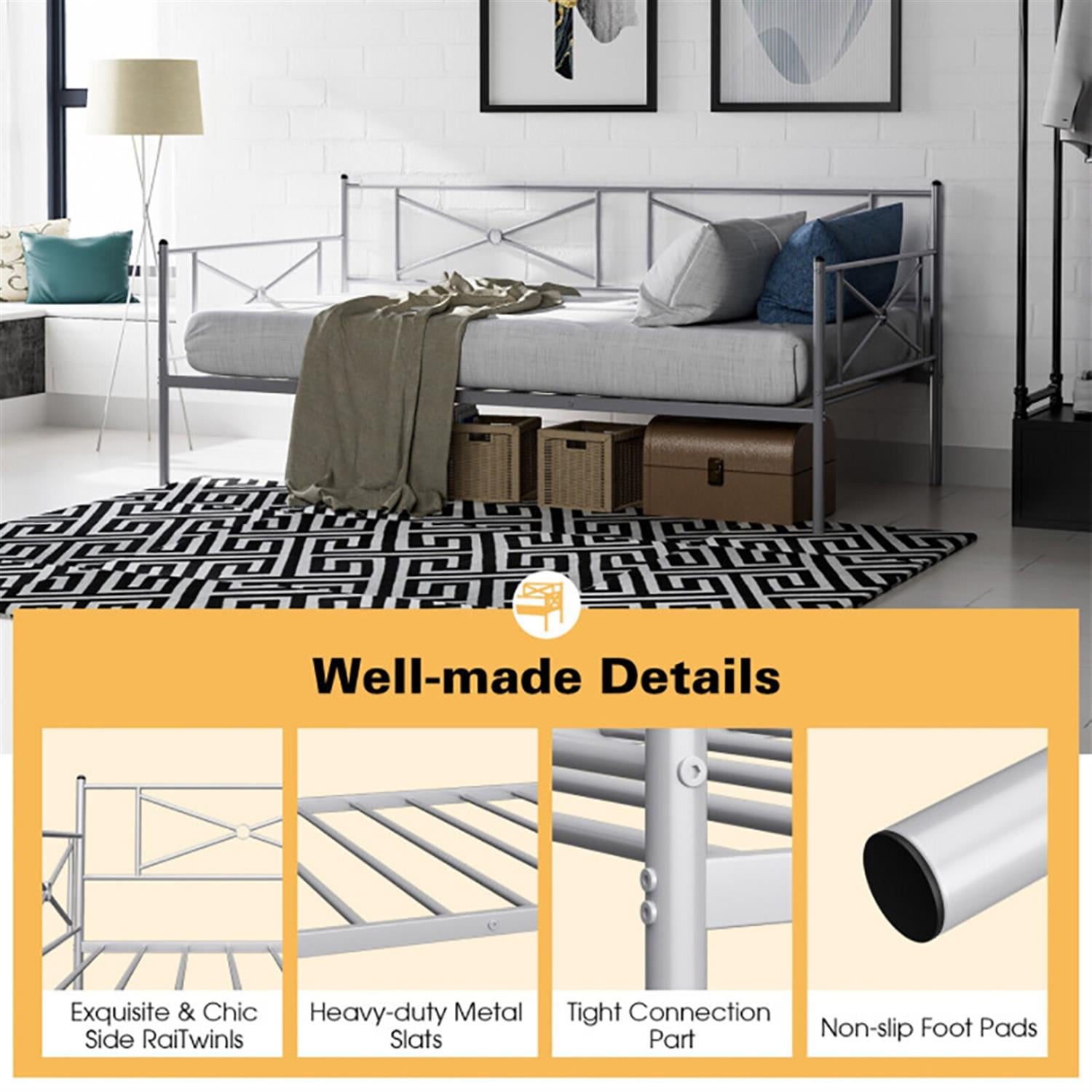 Demi Bonn Metal Daybed Twin Bed Frame Stable Steel Slats Sofa Bed, Modern Bed Frame for Teens, Silver