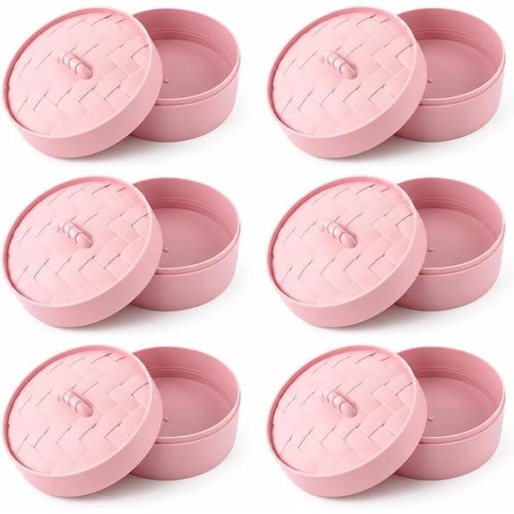 (6 PCS) Storage Box, Pink Dumpling Box with Woven Lid, Round Organizer Container for Mini Squishies, Trinkets & Small Items, 3.94 Inch,Pink