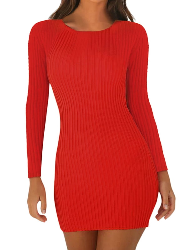 Women Knitted Long Sleeve V Neck Lace Up Sweater Jumper Bodycon Club Mini Dress 