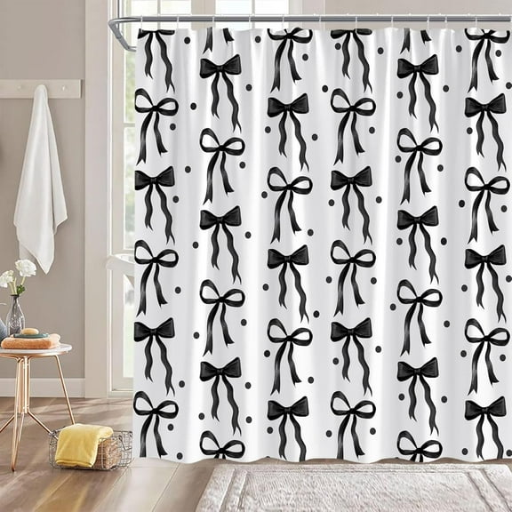 Black Cute Shower Curtain, Black White Bow Dots Modern Aesthetic Bathroom Home Curtain Decor with Hooks 70"W x 72"L (Pack of 1)