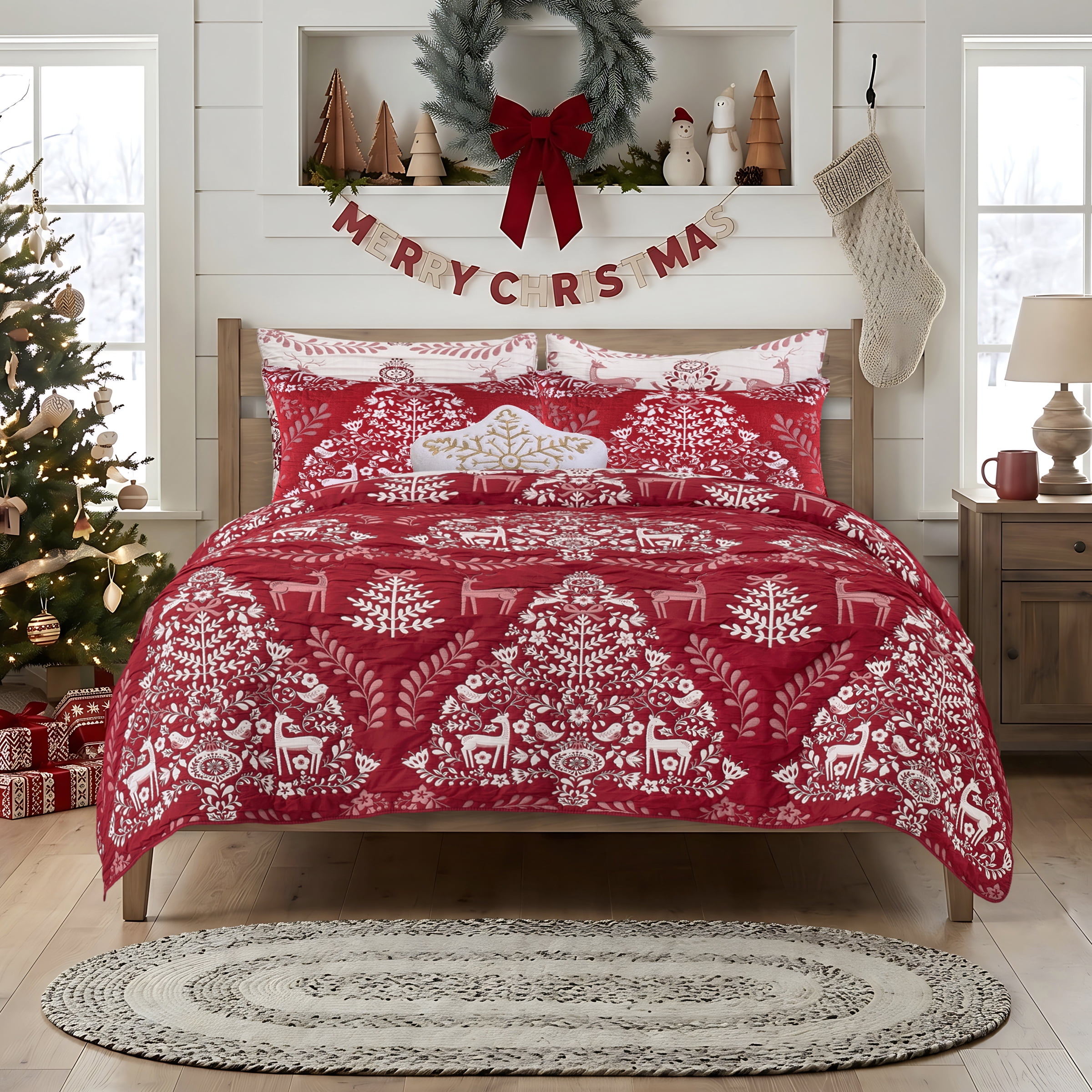 Greenland Home Noella Red Holiday Reversible Coverlet Set, 3-Piece King, for Adults