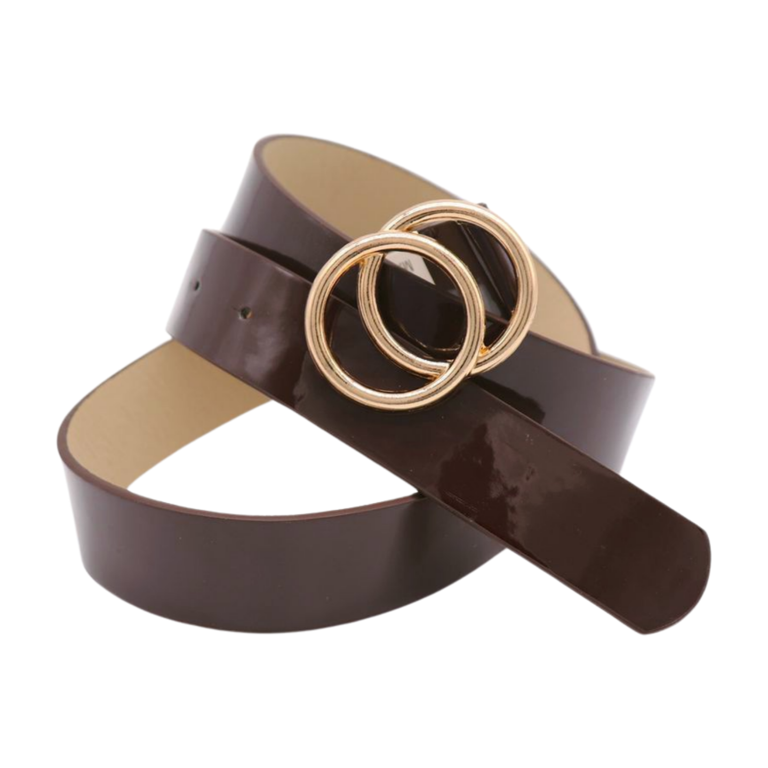 Women Chocolate Brown Faux Leather Skinny Belt Gold Metal  display picture 1