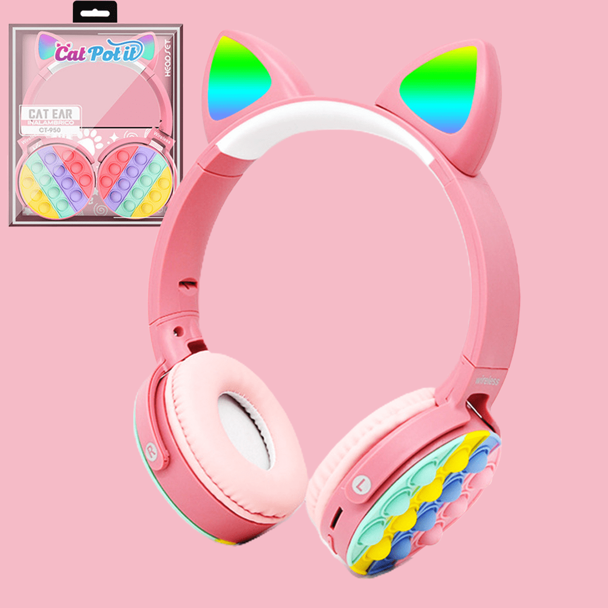 IFCOW Cat Ear Headphones with Pop Fidget Toy, 5.0 Bluetooth Wireless Headphones for Kids, Noise Cancelling Headphones for Kids - Pink