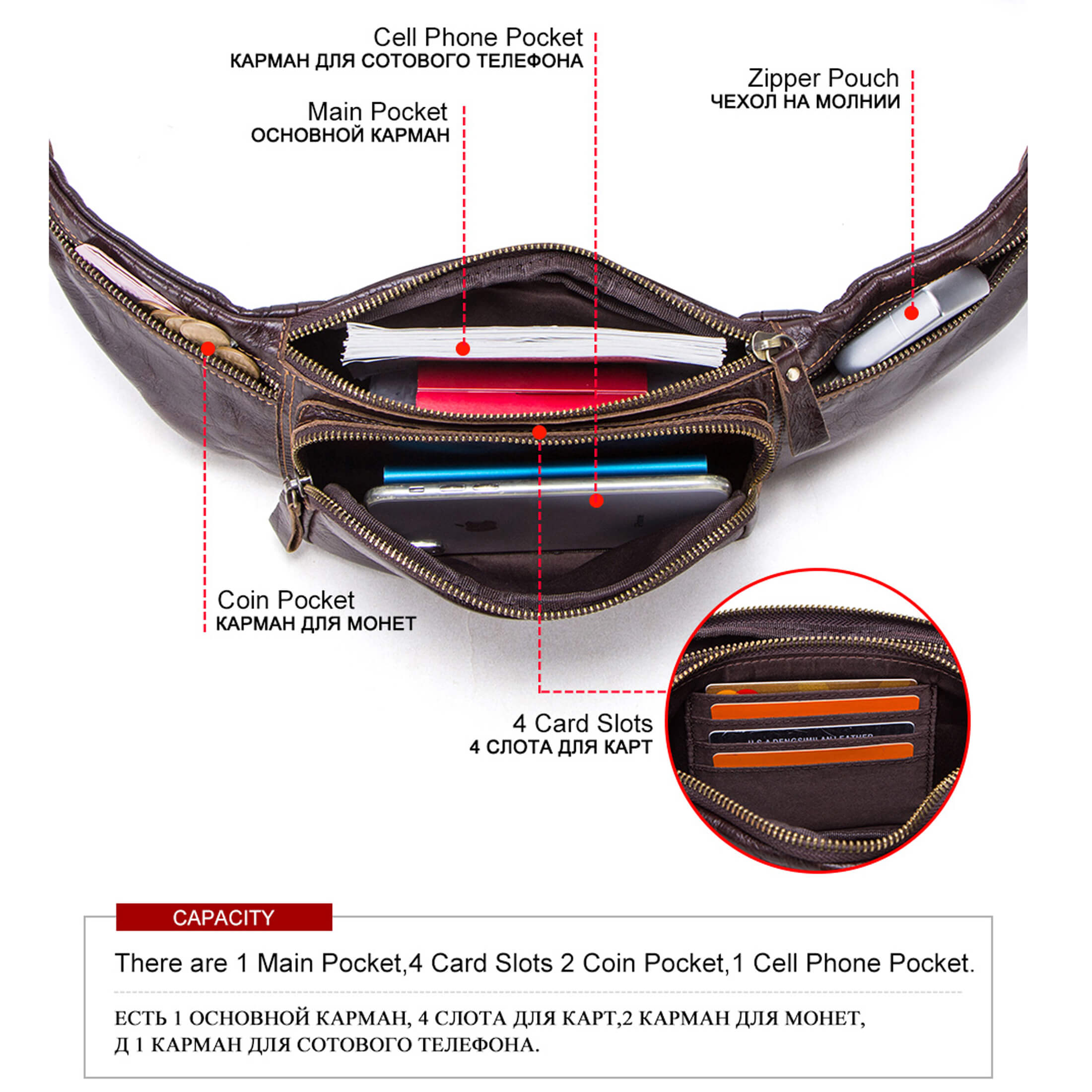 Contact's Genuine Leather Slim Waist Pack for Man & Woman, Vintage Design & 4 Zipper Pockets & Adjustable Strap, Handmade, Large Capacity Fanny Pack Crossbody Belt Bag for Travel or Ride, Coffee