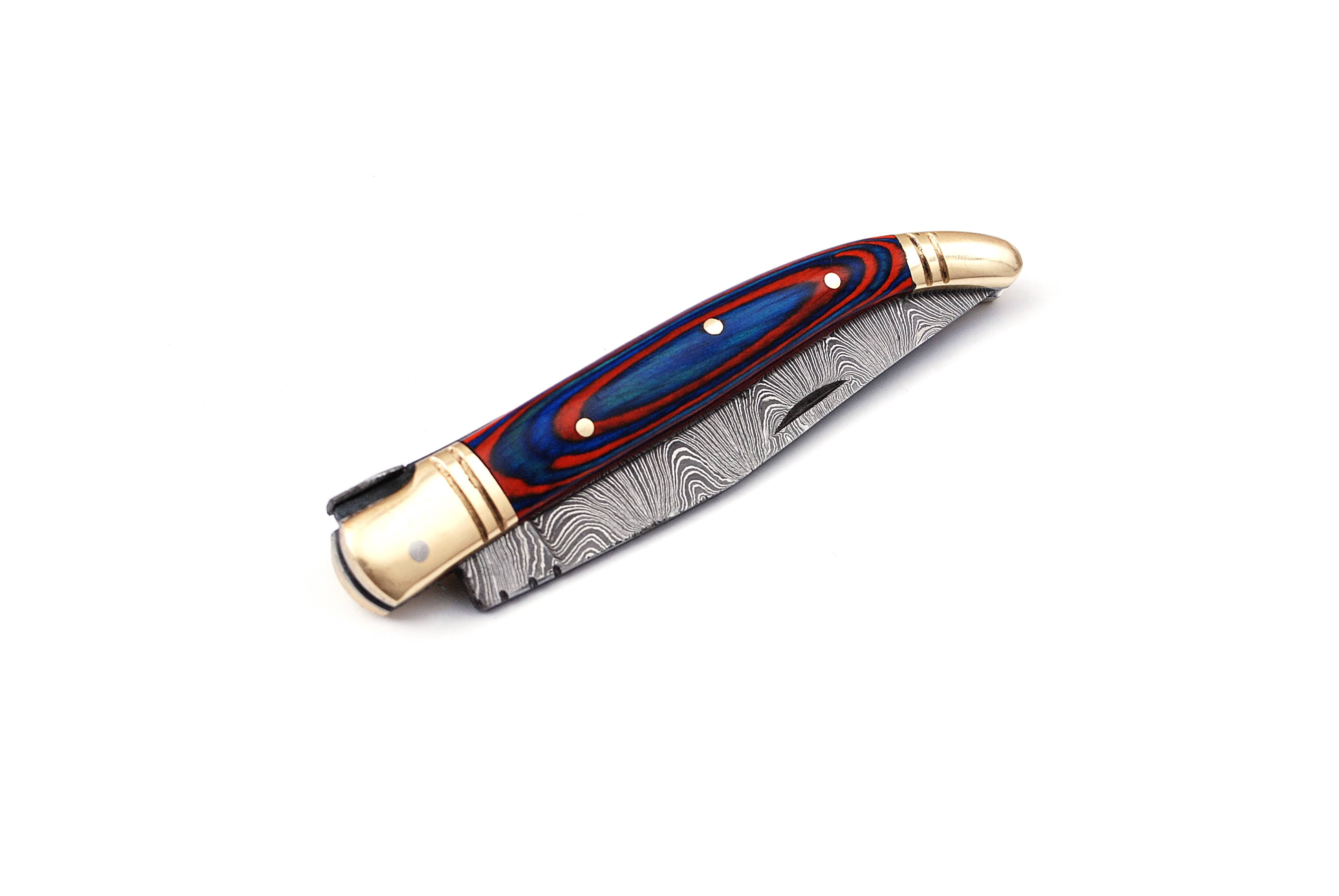 Damascus steel folding knife with leather sheath, 8.5 inches long laguiole pocket knife with 4 inches long Damascus steel Blade, 4.5 inches Blue multi colored wood scale with Brass bolster and pommel