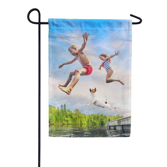 America Forever Kids at the Lake with Dog Garden Flag 12.5 x 18 inches Fun Summer Pool Time Kids Dog Sunny Day Double Sided Seasonal Yard Outdoor Decorative Pool Party Garden Flag