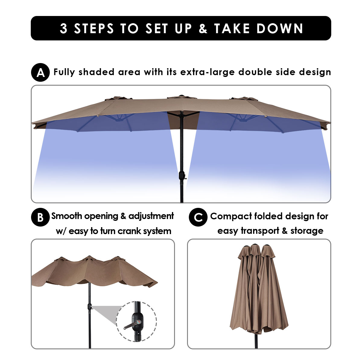 Topbuy 15'Patio Umbrella Double-Sided Outdoor Shade Offset Tan