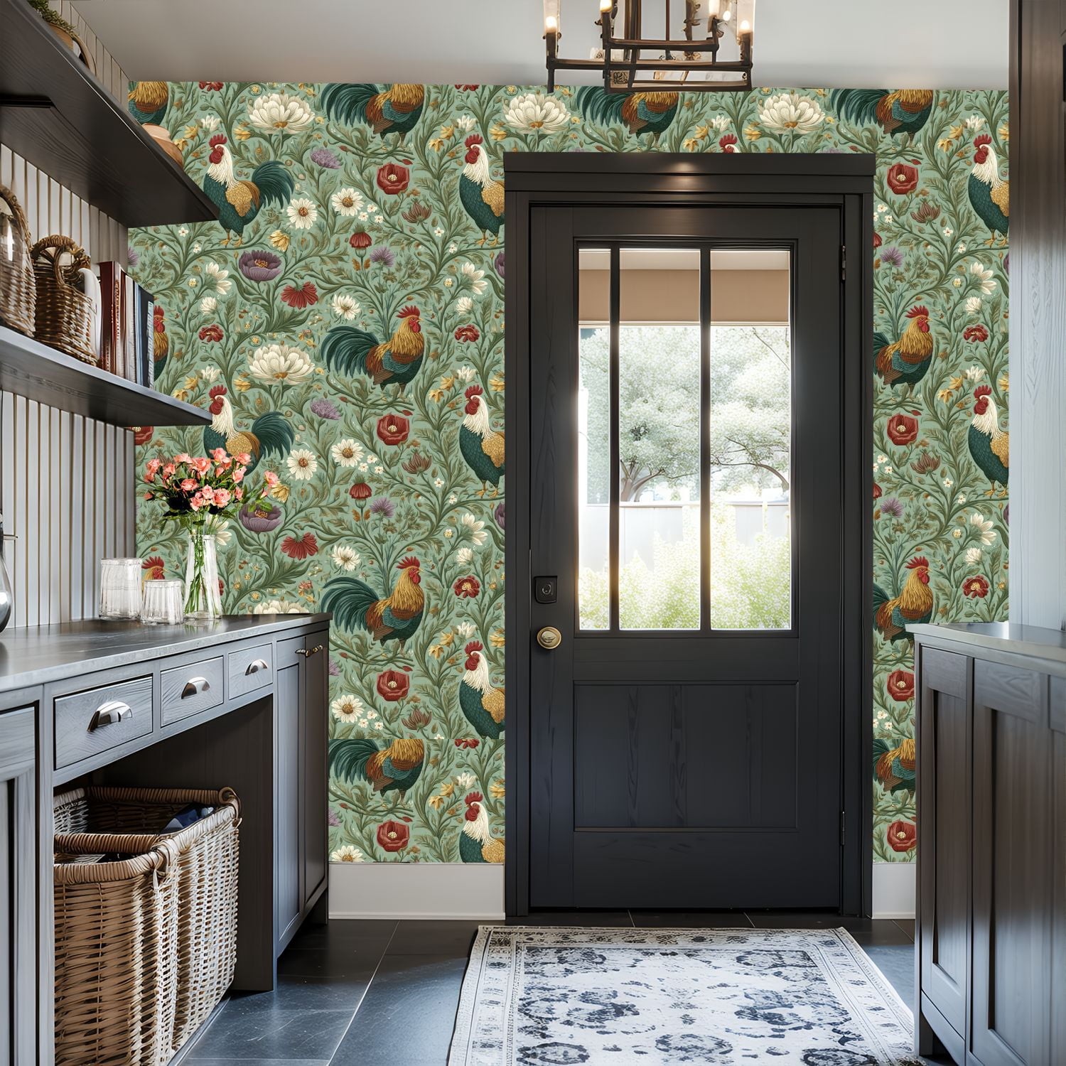 Peel and Stick Wallpaper 17.7in x 9.8ft Farmhouse Roosters Floral Elements Soft Pastel Hues Contact Paper Vinyl Waterproof Self Adhesive Wall Paper for Bedroom Shelf Cabinet Renter Friendly