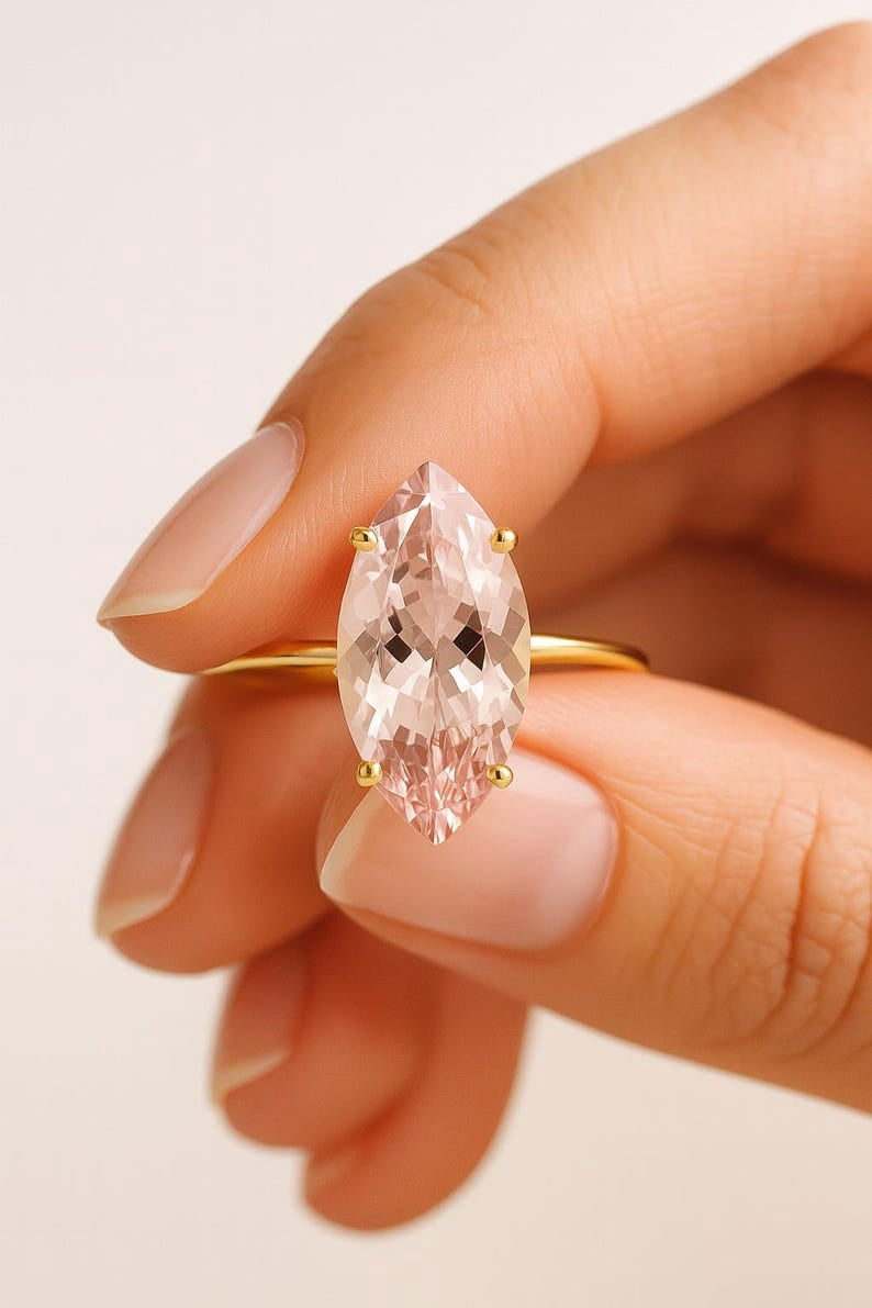 6*8 mm Marquise Cut Morganite Ring, 925 Silver Rose Gold Solitaire Ring for Women, Wedding Engagement Jewellery, Dainty Fine Ring Anniversary Gift