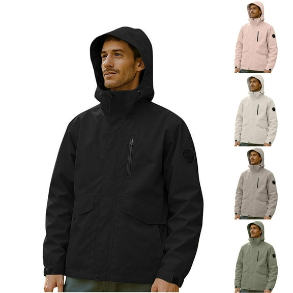 Babcutegg Jackets for Men Outdoor Hiking Hooded Full Zipper Waterproof Windbreaker Mens Fall and Winter Clothes White Size S
