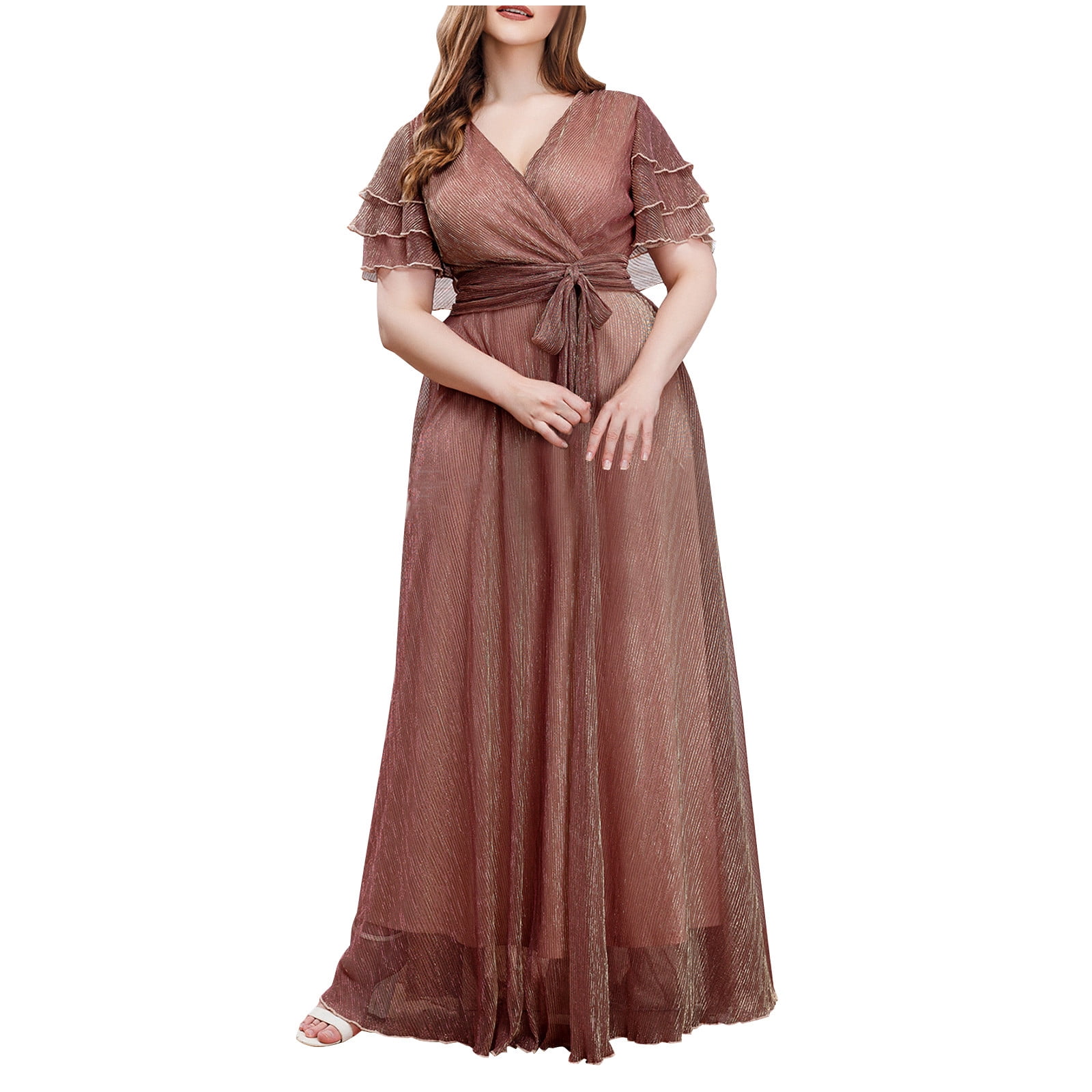 OSFVNOXV Fall Wedding Guest Dresses for Women Plus Size Chiffon Ruffle Sleeve V-Neck High Waisted Bodycon Swing Gown Party Dress