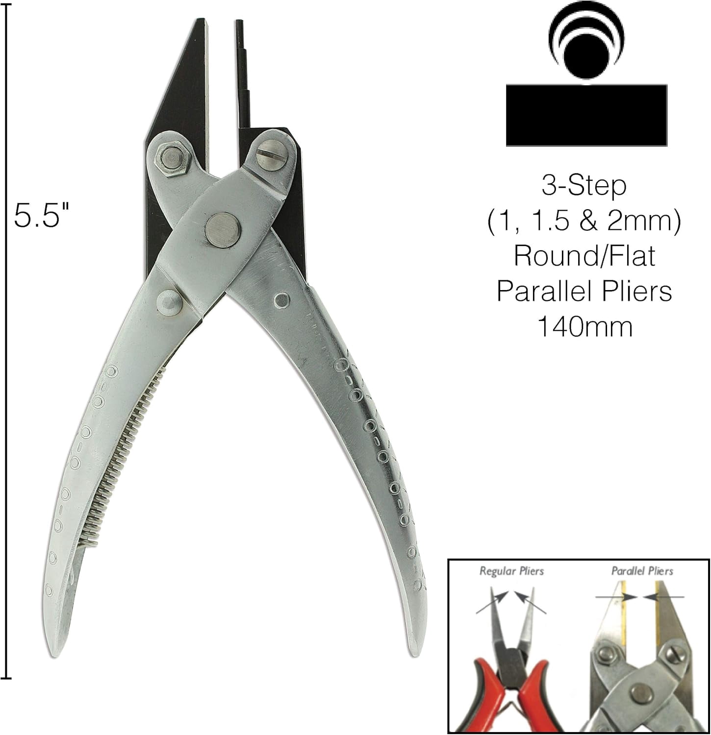 The Beadsmith 3-Step Round and Flat Nose Parallel Plier, Loops 1, 1.5, 2mm, 5.5 Inch Steel Tool