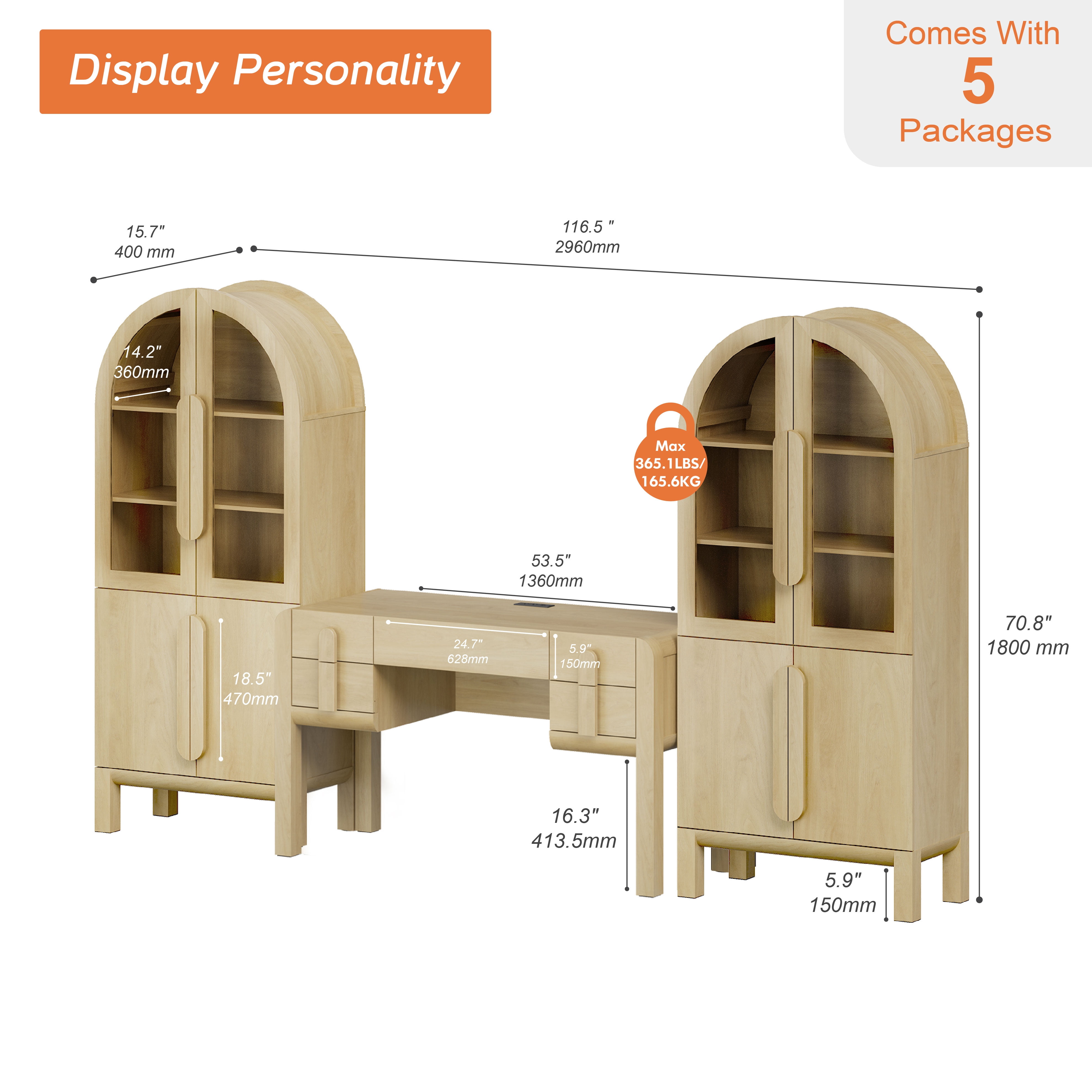Home Office Set, 53.5" Modern Executive Desk with Charging Station and Drawers & 2 Piece 71"H Tall 3-Tier Arched Bookcases with Glass Door for Living Room, Bedroom, Home Office