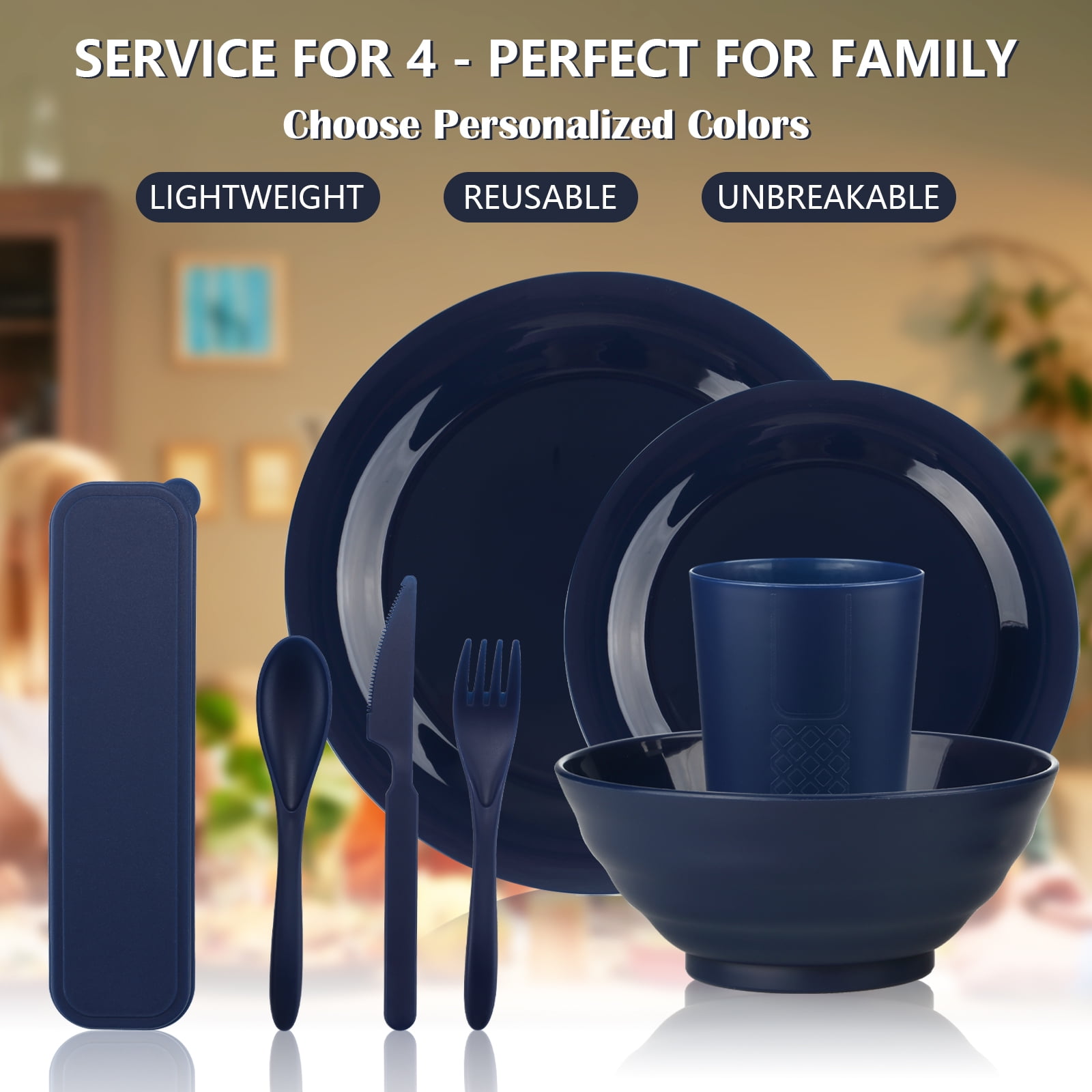 Mirdinner Unbreakable Plastic Dinnerware Sets for 4 (20pcs), Reusable Lightweight Plates Cups and Bowls with Cutlery Set, for Home & Camping Party, Great for Kids & Adult, Dishwasher Microwave Safe