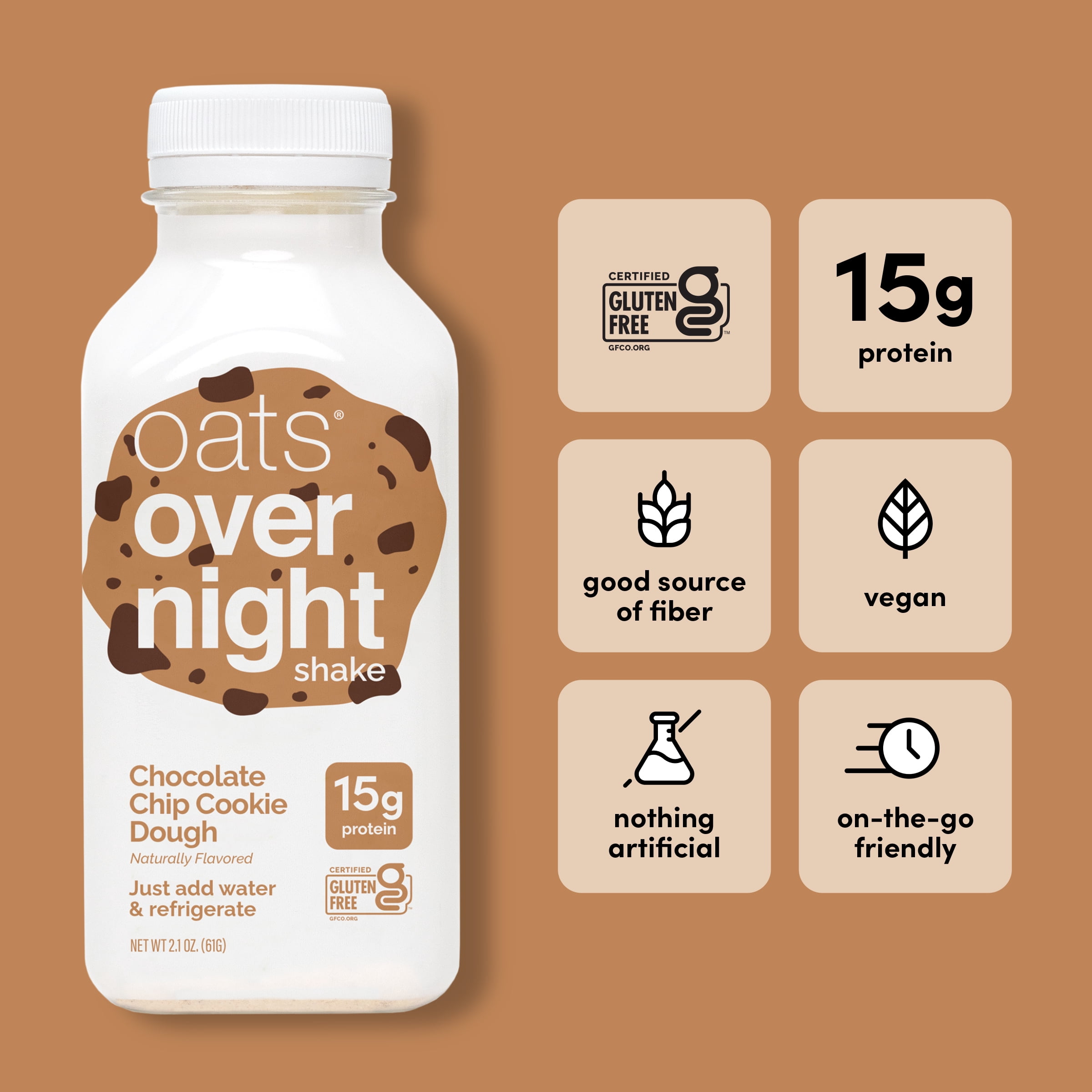 (10 pack) Oats Overnight Chocolate Chip Cookie Dough Protein Overnight Oatmeal Shake, 2.1 oz, 1 Count