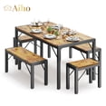 thumbnail image 4 of Aiho 63" Dining Table Set for 6, Kitchen Table with 2 Stools & 2 Benches, Wood Dining Room Dinette Sets with Metal Frame for Breakfast Nook and Small Space - Brown, 4 of 7