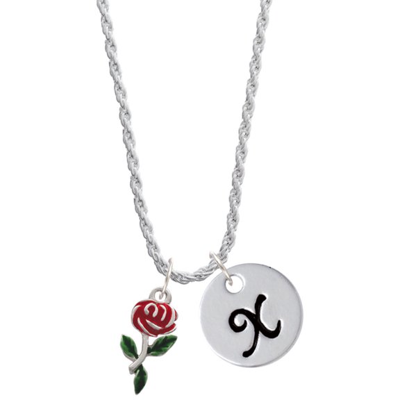Delight Jewelry Silvertone Red Rose Flower Silvertone Script Initial Disc - X - Charm Necklace, 20"+3"