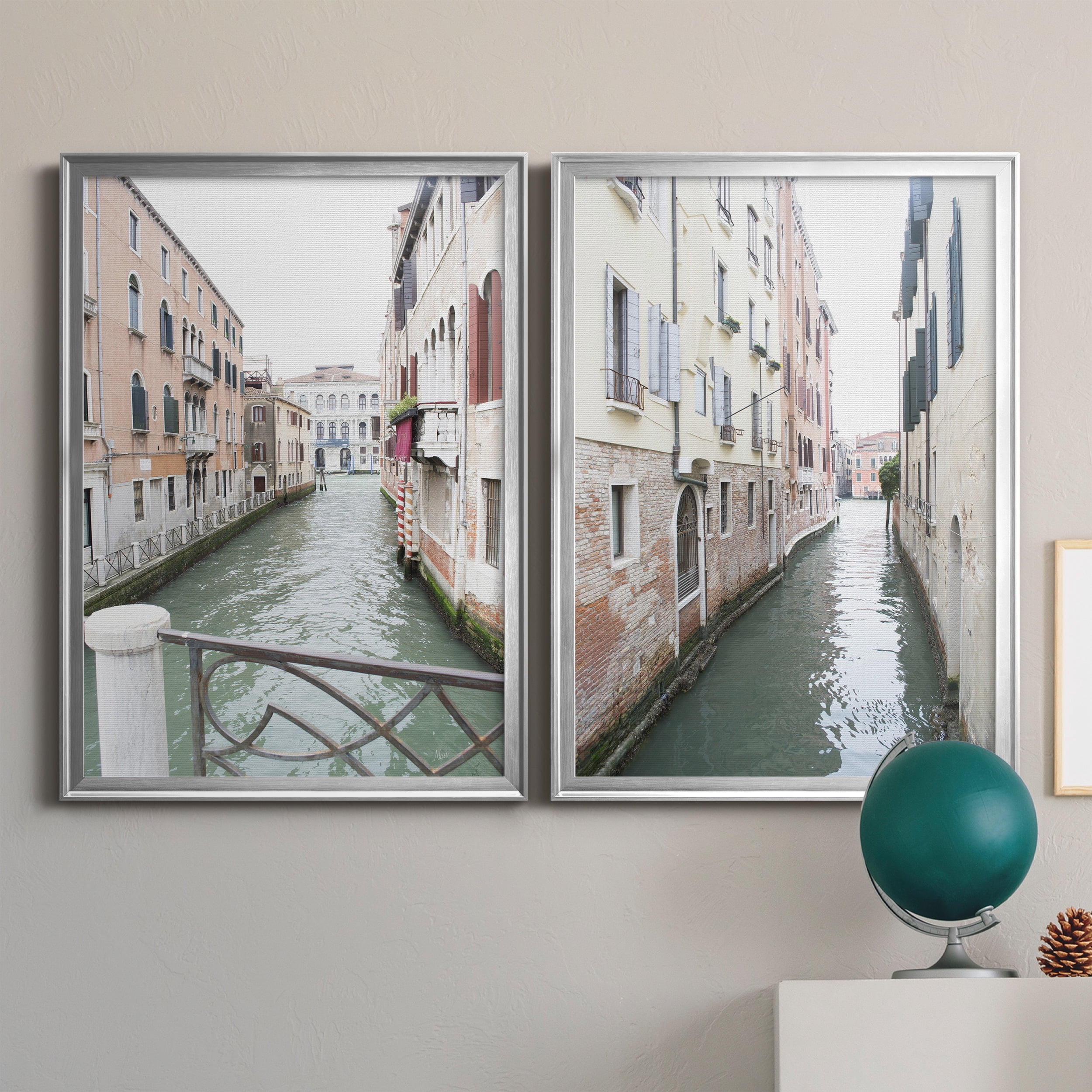 2 Piece Set Venice Canal I Premium Framed Canvas - Ready to Hang - 26.5 x 36.5 Each - Silver Frame