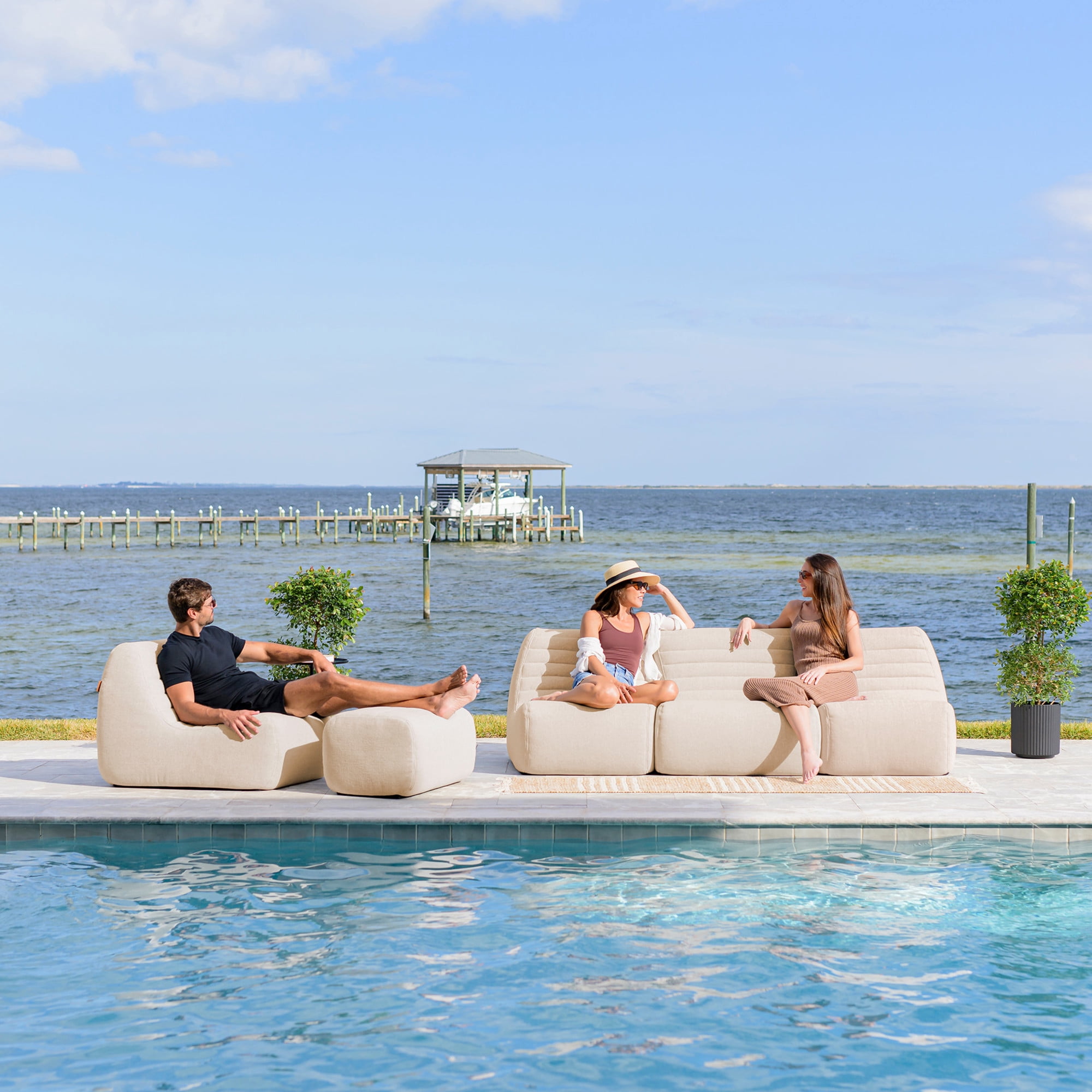Big Joe Solvana Outdoor Sectional, 5 Piece Patio Furniture Set, Performance Linen Weather-Resistant Fabric Sofa, Sunlit Cream