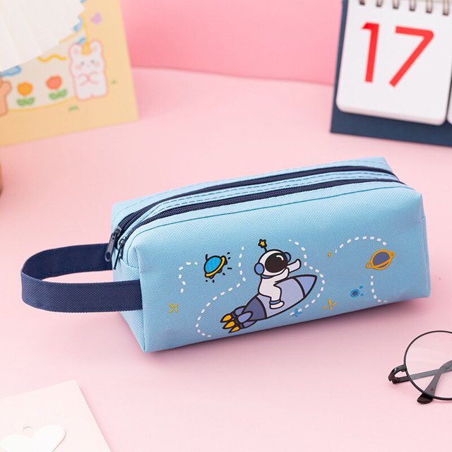 Estuche de lápices portátil de astronauta espacial, bolsa de papelería de dibujos animados para niños, bolsa de almacenamiento de gran capacidad, bolsa de lona para estudiantes escolares hola suerte unisex