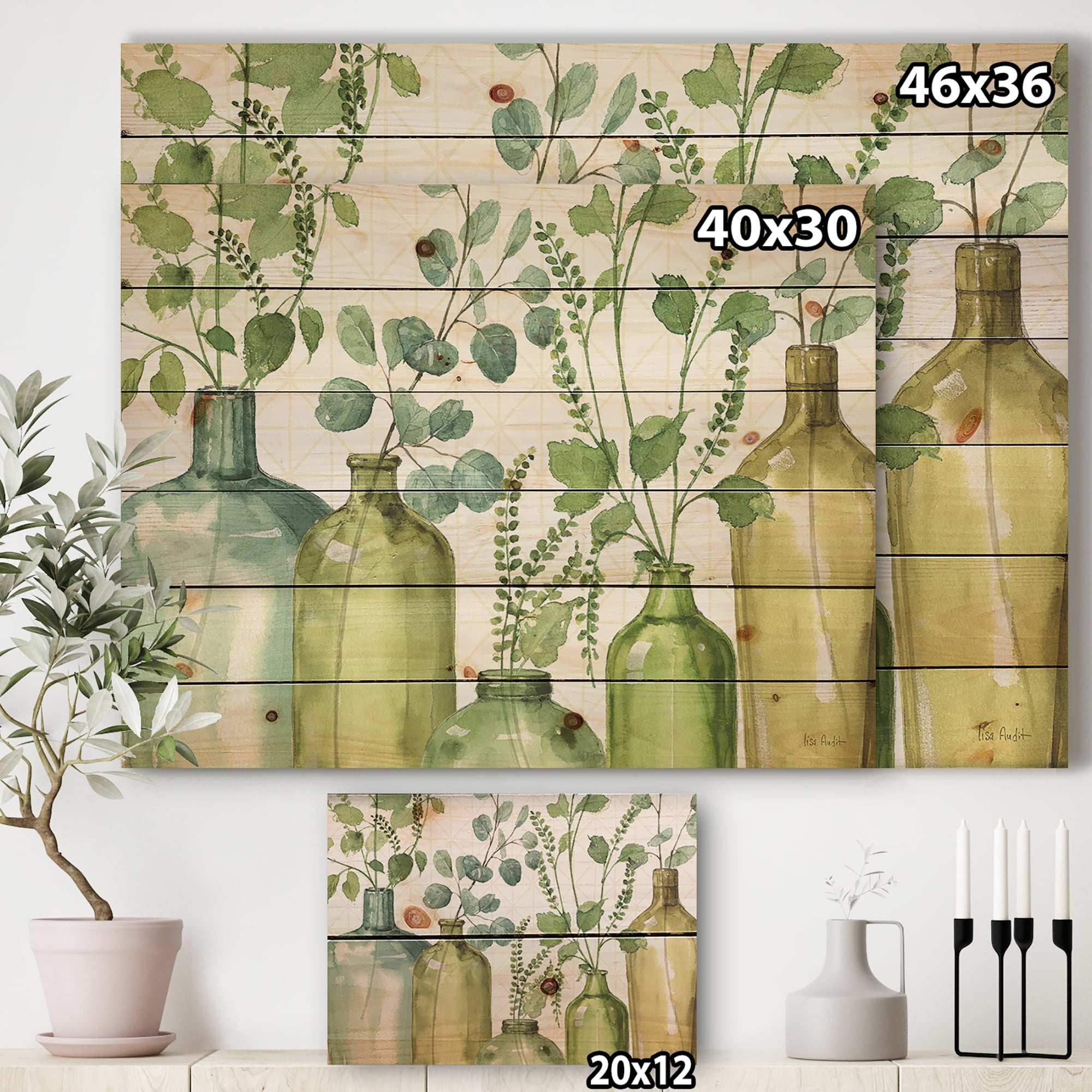 Designart 'Mixed Botanical Green Leaves I0' Cottage Print on Natural Pine Wood