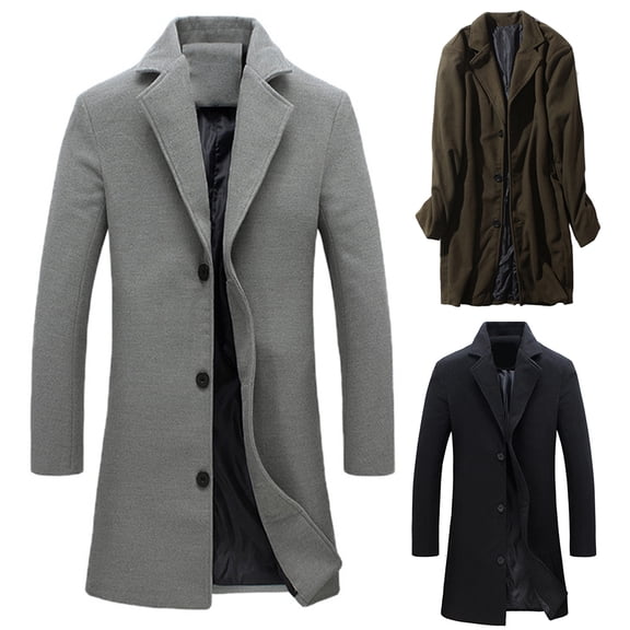 SPRING PARK Men's Classic Winter Lapel Collar Casual Woolen Single-breasted Pockets Plus Size Trench Coat