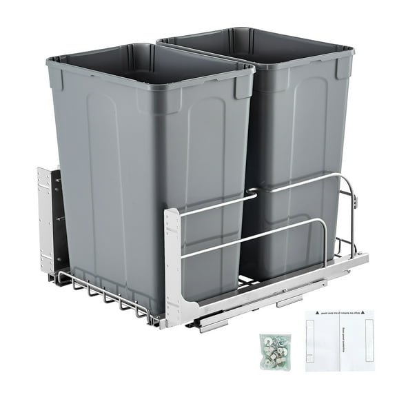 VEVOR Pull-Out Trash Can, 35 QT x2 Double Under Mount Kitchen Waste Container, Heavy Duty Garbage Recycling Bin with Door Kit and Soft Close Slide, for Kitchen Cabinet, Sink, Under Counter (Grey)