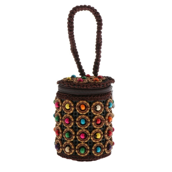 Multicolor Beaded Woven Wooden Wristlet Mini Cylinder Purse Jewelry Pouch