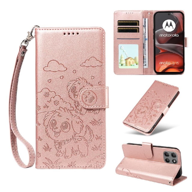Funda Cartera GANGXUN con Diseño de Perrito en Relieve para Motorola Moto G15/G15 Power , Protección 360° con Ranuras y Correa Desmontable