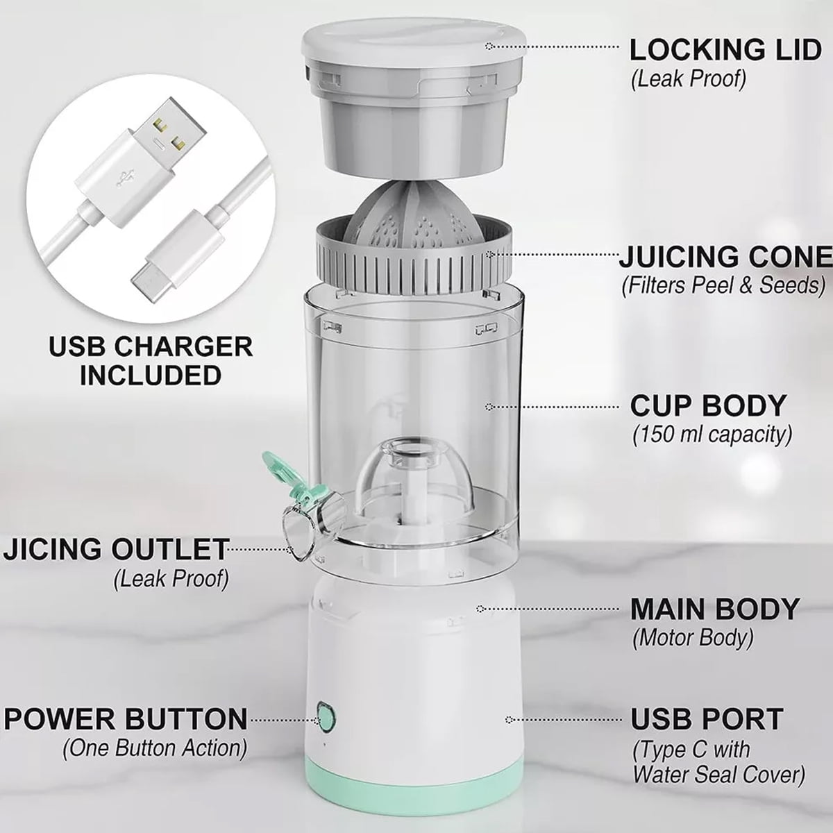 Citrus Juicer Machines Rechargeable - Portable Juicer with USB for Orange, Lemon, Grapefruit